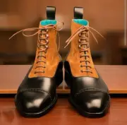 Handmade Men two tone Suede & Leather Cap toe Black & Tan ankle high Boots