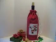 X-Mas- Red Fabric/Lined Wine/Gift Bag w/ Drawstring - CrossStitch "Santa" Pocket