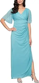 [Alex Evenings] Women's Flutter Sleeve Long Dress-Elegant A-line Silhouette with Ruched Empire Waist