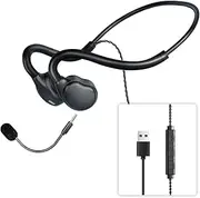 QOEKUEY Wired Headphones with Mic(Dual) Open Ear Headphones Air Conduction USB Headset Call Noise Reduction Premium Stereo Sound 0.88Oz Ultra-Light Design Perfect for PC Laptop-Black