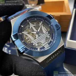 MASERATI瑪莎拉蒂精品錶,編號：R8821108028,42mm六角形寶藍精鋼錶殼銀色雙面機械鏤空錶盤矽膠寶藍錶帶