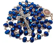 [Nazareth Store] Deep Blue Crystal Beads Rosary Necklace Catholic Prayer Jerusalem Holy Soil Medal Cross Holy Land Antique Religious Rosaries Beads Collection