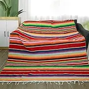 84 x 59 Inch Mexican Tablecloth for Mexican Wedding Party Decorations, Large Square Fringe Cotton Mexican Serape Blanket Bright Colors Table Cover Table Cloth Picnic Mat Red