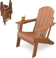 Sleek Space Adirondack Folding Chair for Garden, Patio or Deck - Arm Rests and Cup Holder - Lightweight, Weatherproof - Stylish, Durable Outdoor Furniture for Fire Pit, Beach, Poolside, Porch (Wood)