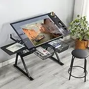 LifeSky Adjustable Drafting Table for Artists - Drawing Table with Storage for Artwork - Glass Art Desk with Drawers for Artists Painters Illustrators Cartoonists