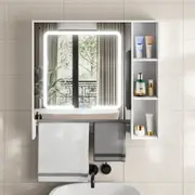 Advwin LED Bathroom Mirror Cabinet 730 x 700mm Wall Mount Storage w/ Adjustable Shelf & Towel Bar Shaving Cabinets White