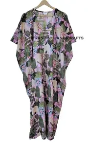 Women Baby Pink Peacock Print Cotton Plus Size Maxi Beach Cover up Caftan Dress