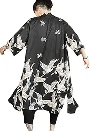 [Seidarise] Men's Long Kimono Cardigan Jacket Japanese Style Flying Crane Open Front Coat
