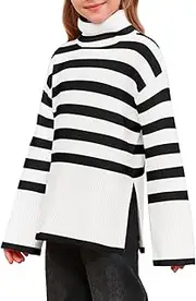 [Meikulo] Girls Striped Sweaters Kids Oversized Turtleneck Long Sleeve Pullover Knit Sweater Tops with Side Slit