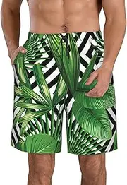 [OdDdot] African Mud Cloth Tribal Print Men's Quick-Dry Swim Trunks,Breathable Swimming Board Shorts, for Summer Surfing Beach Swimwear, Green Leaves of Palm Tree Tropical Plant, XX-Large