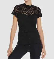 $145 Aqua Womens Black Floral Sheer Lace Overlay Short-Sleeve Blouse Top Size S