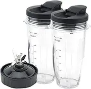 Oimzzr Bl Replacement Parts Fit for Ninja, 24oz Cup with 7 Fins Blades & Seal Lid Fit for Nutri Ninja BL480 BL482 BL642 NN102 BL682 (2 Cups, 2 lids, 1 Base)