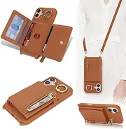 Cavor Crossbody Wallet for iPhone 16 Plus Leather Case for iPhone16plus Case 6.7'' Flip Cover Card Slots with 360°Rotation Ring Holder Kickstand & Long Shoulder Lanyard Strap-Brown