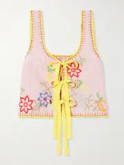 [ALÉMAIS] ALÉMAIS - Olivia Tie-detailed Embroidered Linen Top - Pink - UK 12 UK 12 Pink