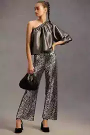 Anthropologie 33 NWT The Colette Sequin Cropped Wide-Leg Pants Silver