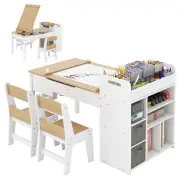 CostwayKids Art Table and 2 Chairs Set with Paper Roll and Storage Shelves-Natural