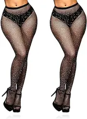 [GNHG] 2 Pack Sparkly Rhinestone Stockings for Women Glitter Fishnet Tights for Party Show Dance Halloween Cosplay
