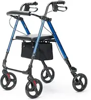 EQUIPMED Assureline 4 Wheel Lightweight Rollator Walker, Aluminium Frame, Seat, Carry Bag, for Seniors, Blue