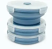 Lunbengo 3piece Collapsible Bowl with Lids, Microwave Silicone Meal Prep Lunch Containers, Ideal Food Bowls for Snacks, Fruits, Oatmeal, Camping Travel, Round, Blue
