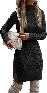 [Generic] Women Long Sleeves Knit Dresses Ladies' Turtleneck Cable Kintted Warm Sweater Frock High Neck Slimming Fit Dresses