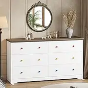 LIKIMIO 6 Drawer Dresser with Colorful/Black Handles Optional, 59" W Wood Chest of Drawers, Storage Dressers Organizer with Metal Sliding Rail for Bedroom, White
