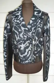 NEW $798 DVF Diane Von Furstenberg Jacket 2 Theodora Leopard Moto Leather Black