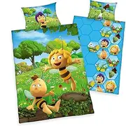 3-Piece Baby Bed Linen Set with Reversible Maya The Bee Motif Renforcé 100 x 135 cm + 40 x 60 cm + 1 Fitted Sheet 70 x 140 cm (Honey Games)