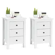 Costway 2x Bedside Tables Wood Side Table Nightstand Storage Cabinet w/3 Drawers Bedroom Living White