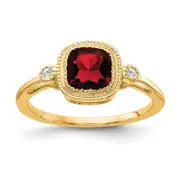 Solid 14k Yellow Gold Cushion Simulated Garnet and CZ Ring