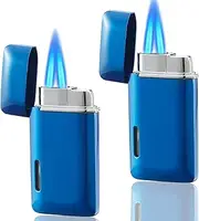Futlidys 2 Pack Mini Torch Lighter Butane Refillable, Double Flame Butane Lighter with Visible Window, Adjustable Jet Lighter, Great Gifts for Men and Women, Without Gas (Blue)