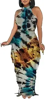 [Euulin] 2 Piece Outfits for Women Sexy Halter Neck Sleeveless Crop Tops Ruched Bodycon Dresses Jumpsuits Fringe Skirt Sets