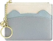 [Generic] Slim RFID Blocking Card Holder Small Pocket Wallet Keychian Zipper Coin Purse Minimalist Leather Cash & Coin & Cards Case for Women Men (Blue)