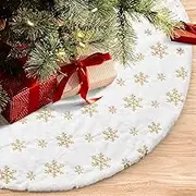 Christmas Tree Skirt, 48 inches Large Snowflake Sequins Faux Fur Double Layer Xmas Tree Rug Ornaments, Thick Plush Tree Base Mat Holiday Christmas Party Decor (Gold Snowflake Skirt)
