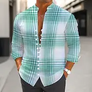 Men's Geometric Grid / Plaid Shirt Stand Collar Shirt Long Sleeve Casual Vacation Daily Wear Going out Spring Fall Mandarin Collar Band Collar Button-Down Line