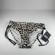 DKNY Bikini Bottom Women Small Beige Black Leopard Print Side-Tie Swimwear Beach