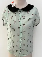 Dotti Cute Mint Green Cats Print Blouse With Pleated Back-Peter Pan Collar-Sz 8
