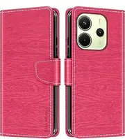 Striped PU Leather Wallet Phone Case Compatible with Xiaomi Redmi Note 14 4G 164MM, Slim Magnetic Flip Cover with Card Slots and Stand Function (Rose Red)