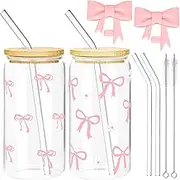 wokdsbl Set of 2 16 oz Drinking Cups with Lid and Straw, Pink Drinking Glasses Set Made of Glass with Bow, Glass Cup Reusable for Bubble Tea, Smoothie, Matcha, Milkshake