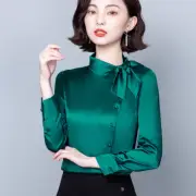 Lady Faux Silk Satin Bow Blouse Shirts Tops T-shirts Casual Formal Shiny Fashion