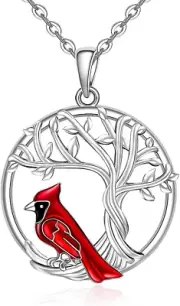 Red Bird Cardinal Pendant Necklace Tree of Life Memorial Gifts for Women 18"