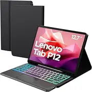 For Lenovo Tab P12 12.7 Inch Case with Removable Keyboard: DIY 3-Zone 7-Colour Lighting Keyboard with Trackpad - QWERTZ Keyboard Case with Pen Holder for Lenovo Tab P12 12.7 Inch 2023, Black