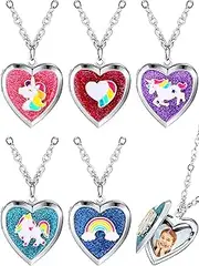 [Hicarer] 5 Pieces Unicorn Heart Locket Necklace Animal Mermaid Rainbow Heart Crown Pendant Necklace Glitter Cute Butterfly Flower in Heart Chain Necklace Jewelry for Girls Boys Kids Birthday