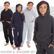 Kids Boys Plain Tracksuit Pullover Hoodie Joggers Set PE Class Sports 7-13 Years