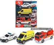 Dickie Toys 203712015018-3-Pack Danish Rescue Vehicles - SOS Team Danish Disaster Protection Ambulance, Fire Engine and Police Car with Freewheel, from 3 Years