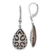 Sterling Silver Rhodium Diamond Filigree Teardrop Leverback Earrings