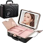 [Faquenc] Travel Makeup Train Cases with Lighted Mirror 3 Color Setting, Hardshell Makeup Cosmetic Case Organizer Adjustable Brightness Portable Makeup Storage Box For Makeup Accessories Black, Black,