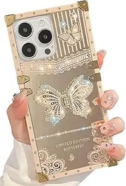 [TETAW] Cute Compatible with iPhone 14 Pro Max Case with Luxury Bling Glitter Butterfly Foldable Stand Kickstand,Glitter Soft PC Mirror Bumper Protective Cover for Women & Girls(Light Gold)