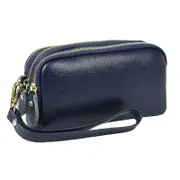 Women Long Wallet Genuine Leather 3-Layer Zipper Purse Bag Phone Bag Money Purses Clutch Wallets with Wrist Strap- Blue
