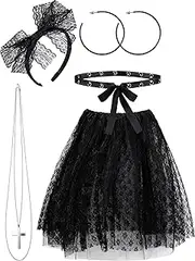 Women's 80s Costume Accessories Set, Lace Headband, Tutu Skirt, Retro Hoop Earrings, Cross Necklace Rivet Waistband Fancy Dress for Retro Party