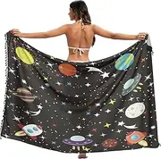 [Joisal] Starry Sky Universe Spaceship Space Womens Swimsuit Cover up Summer Beach Wrap Skirt